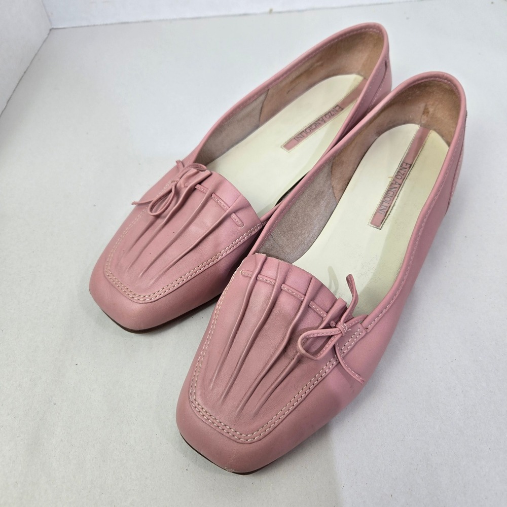Enzo Angiolini Pink Leather Loafer Shoe Flat Size 10W Pleated Bow Square Toe 981 - Picture 4 of 8